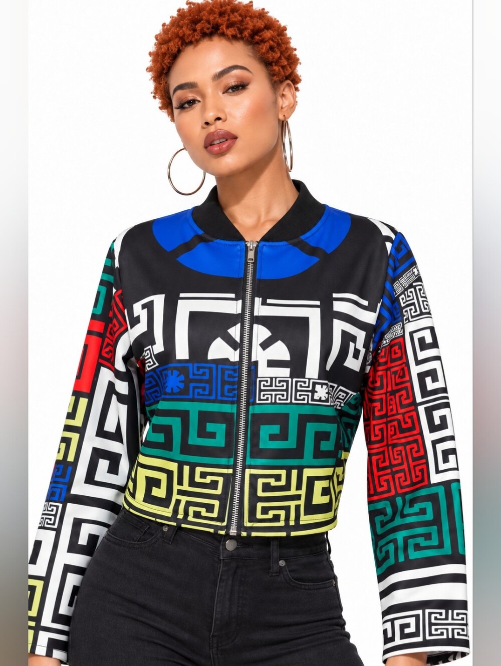 Multicolor Greek Key Geometric Print Cropped Zip-Front Jacket - Picture 3 of 8